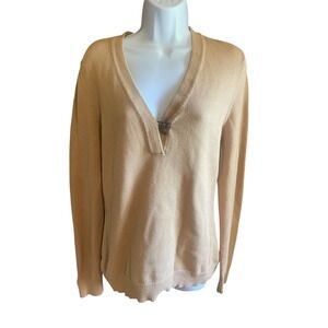 Lauren Ralph Lauren V-Neck Knit Top‎ Button Detail Sweater Beige Size L
